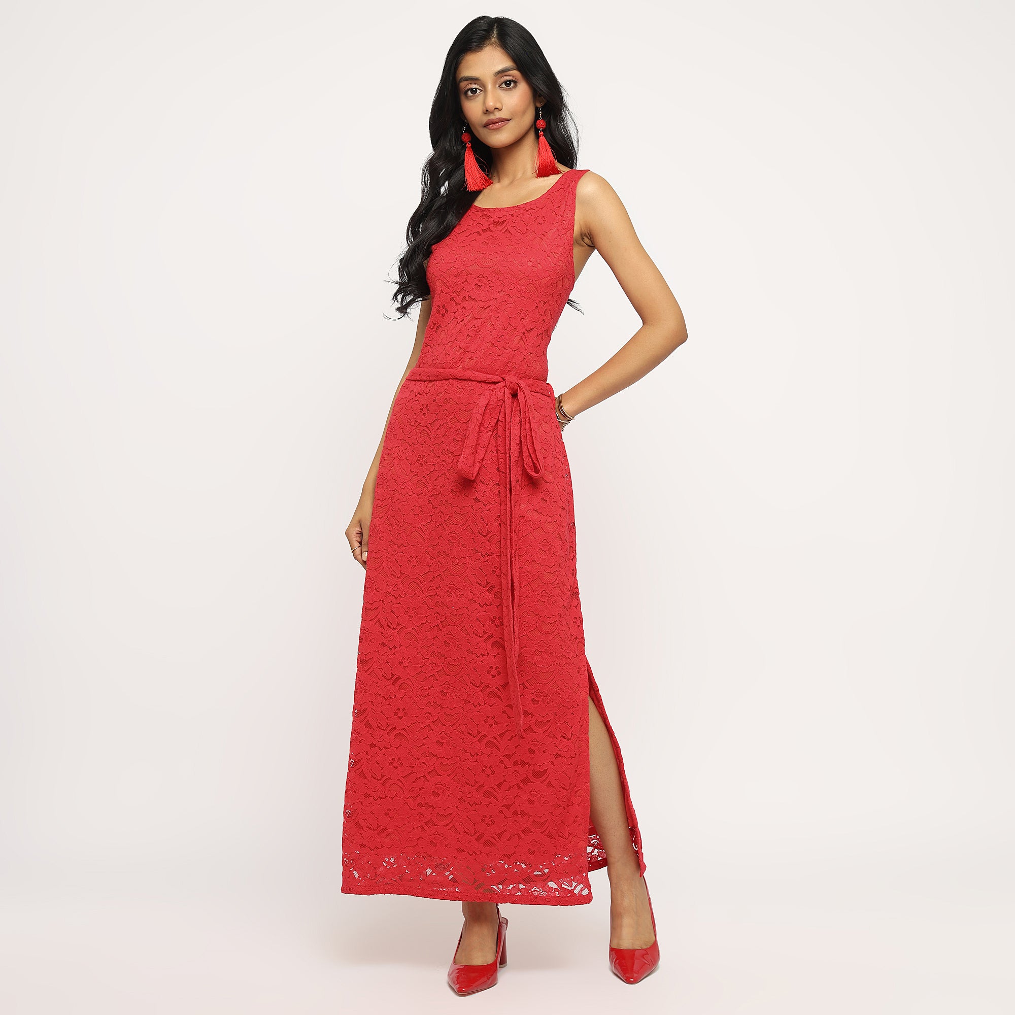 Red One-Shoulder Lace Maxi Dress with Side Slit